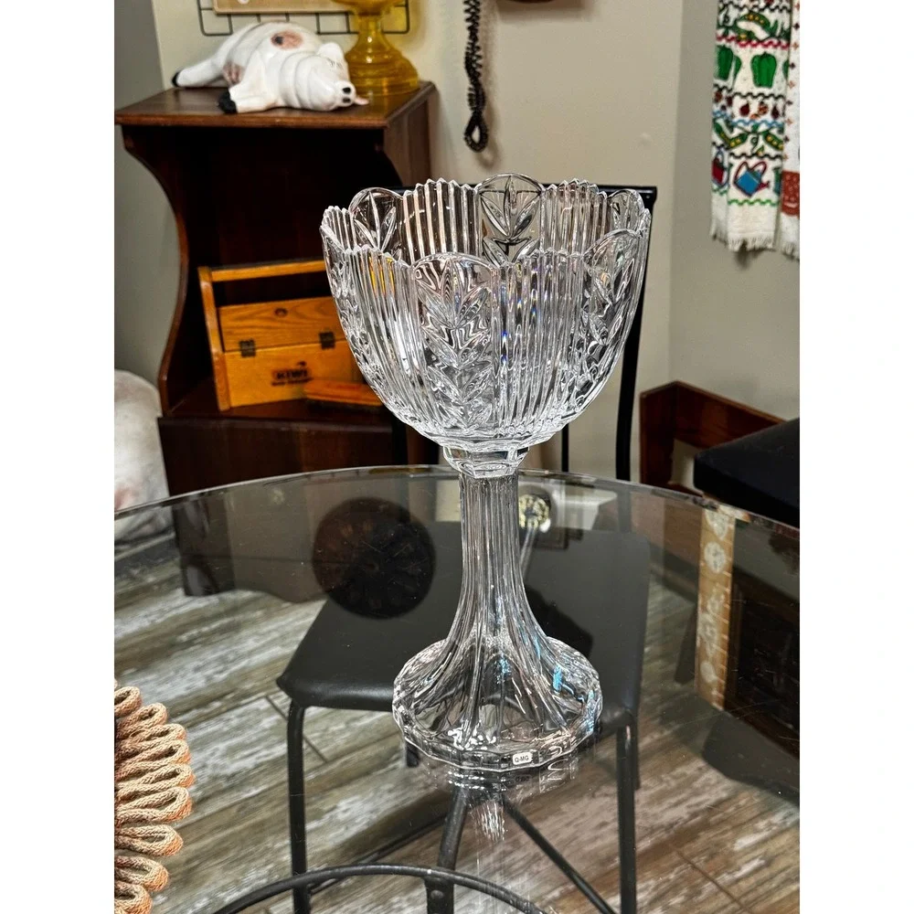 Vintage Tall Heavy Lead Crystal Footed Centerpiece Bowl Scalloped Leaf Cut Glass